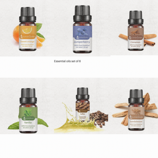 Essential Oils Set of 6(Coffee, Cinnamon, Vanilla, Sandalwood, Sweet Orange & Juniper Berry) for diffusers/humidifiers, massages and skincare.